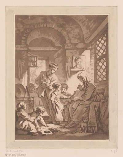 Peasant interior with a woman showing a book to five children