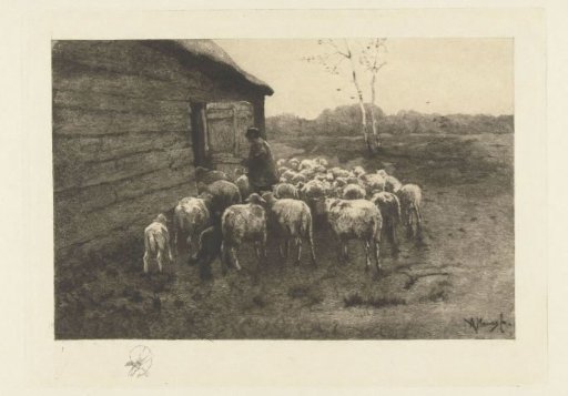 Shepherd with a flock of sheep in front of the stable