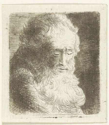 Old man with a beard, gaze directed downwards: three-quarter length, facing right