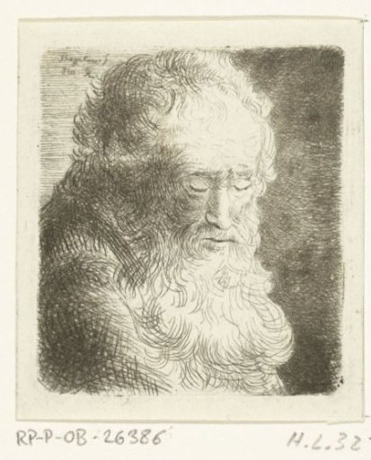 Old man with a beard, gaze directed downwards: three-quarter length, facing right