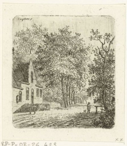 Walker with a dog in front of a house