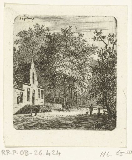 Walker with a dog in front of a house