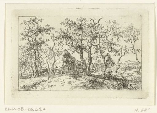 Landscape with a farm and a walker