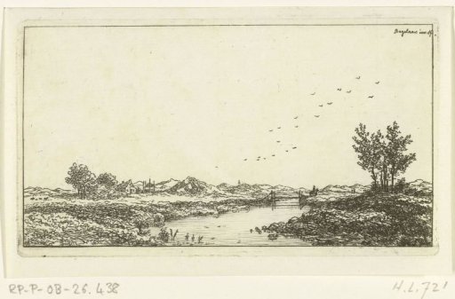 River landscape with a rider at a bridge