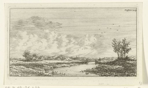 River landscape with a rider at a bridge