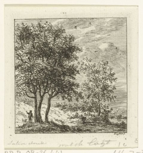 A man with a dog near a group of trees