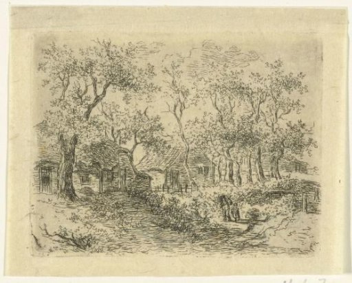 Man with a child by a farmhouse