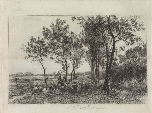 Landscape with shepherd and flock of sheep