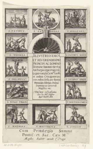 Twelve Scenes with the Martyrdom of the Apostles in a Rectangular Frame with Architectural Ornaments