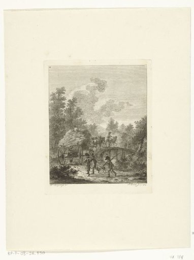 A hay wagon driving over a bridge