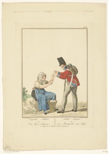 Standing soldier with a seated egg seller