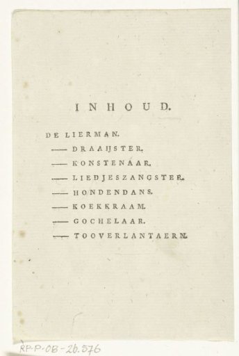 Contents page for: Patriotic Fair Joy displayed in eight art plates drawn and engraved by K.F. Bendorp, with appropriate verses by R. Arends, H. de Haas and Company (publisher) Dordrecht 1782
