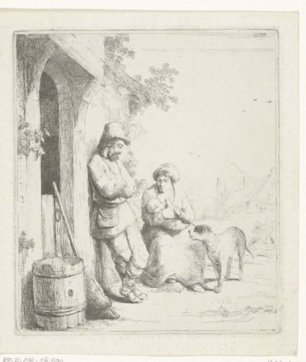 Man and woman with child at the door of a house
