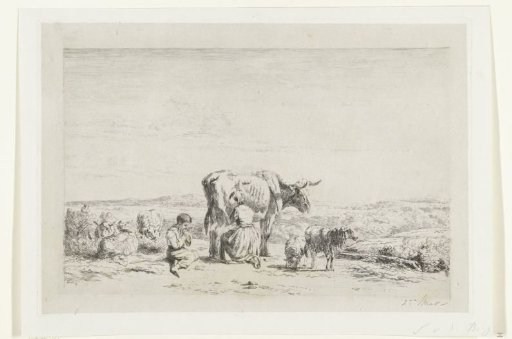 Landscape with woman milking a cow and boy with sheep