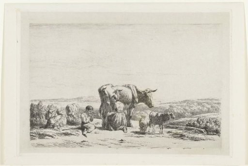 Landscape with woman milking a cow and boy with sheep