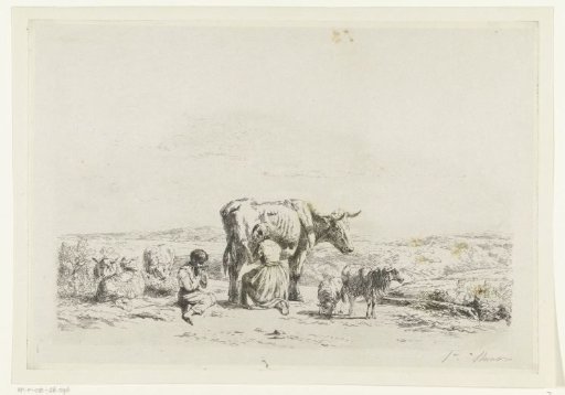 Landscape with woman milking a cow and boy with sheep