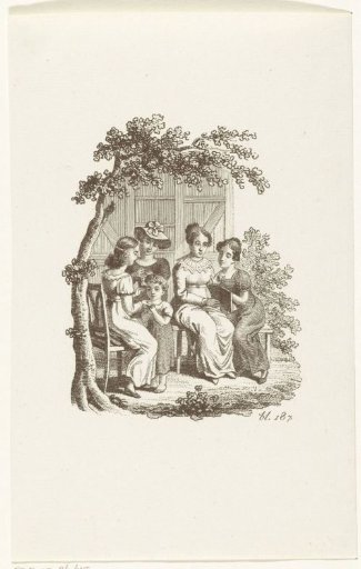 Five Ladies Sitting in a Garden Reading and Doing Needlework