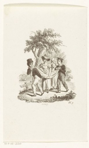 Two boys carrying a (sick) child in a cloth and a woman weeping