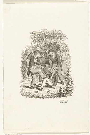 Boys beating a boy with sticks
