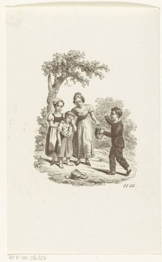 Girl weeping over a broken jug and a boy giving her a new one