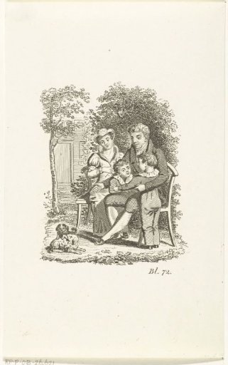 Father with two boys in his arms and mother, seated in a garden with two dogs