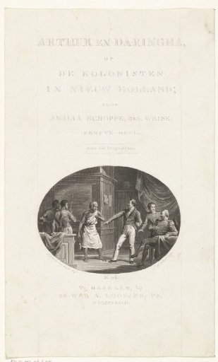 Colonists in conversation with inhabitants of Western Australia or New Holland and layout of text for title page