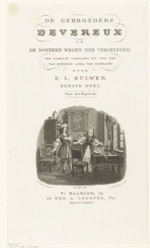Interior with man and woman in conversation and title