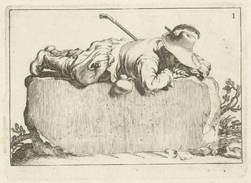 A shepherd lies on a stone