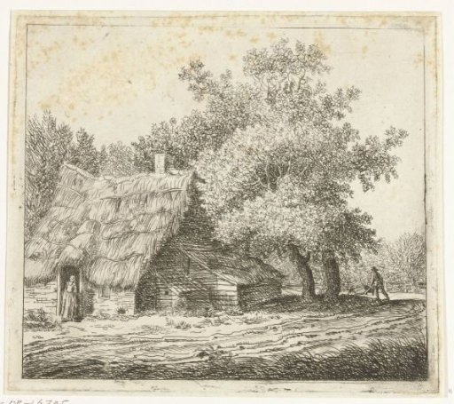 Farmhouse with a woman at the door and a man with a wheelbarrow on a path
