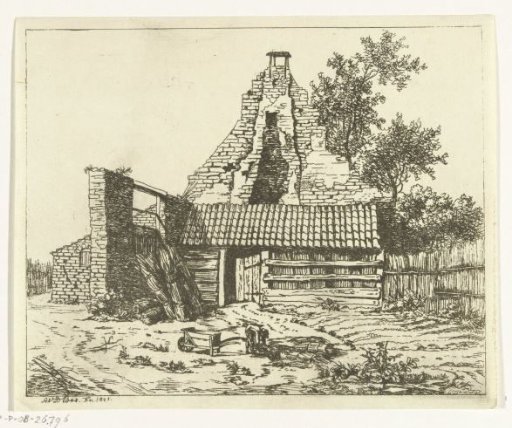 Reed cutter in front of the ruin of the house Snaatburg at Maarssen