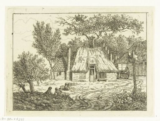 Cart standing next to a farmhouse with a stepped gable