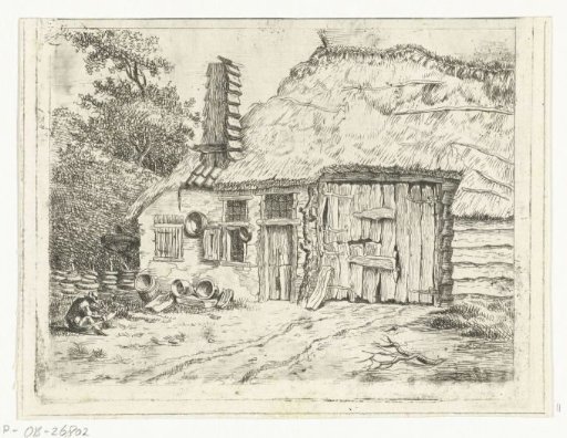 Man sitting working on a scythe in front of a house