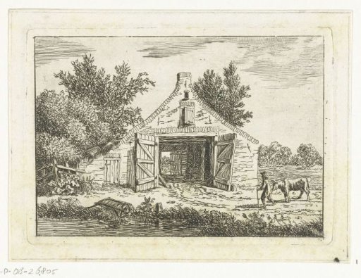 Man with a cow in front of a barn outside Hattem