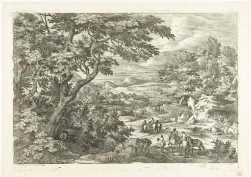 Landscape with hunters on their way home, in the distance a castle