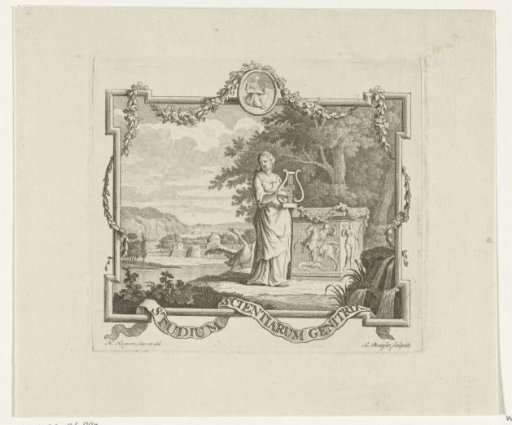 Vignette with Poetry with lyre and swan in a landscape with frame