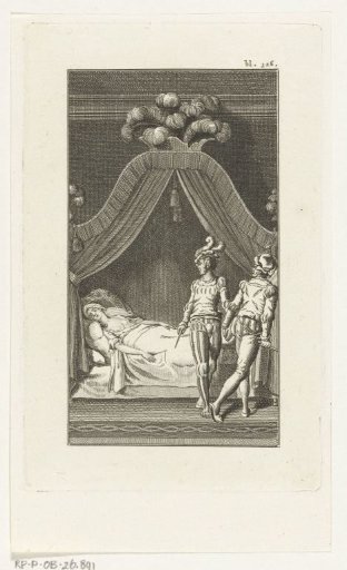 Woman lying dead on a bed and two men walking away