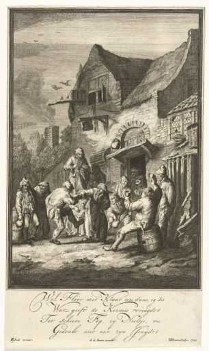 Drinking and dancing peasants in front of an inn