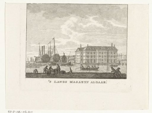 City view with naval magazine and harbour with ships in Amsterdam
