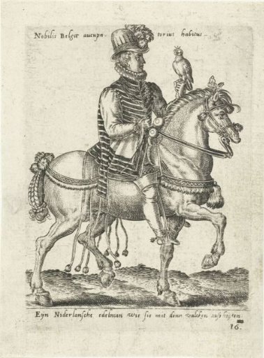 Dutch nobleman on horseback hunting with falcons