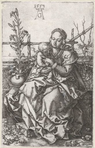 Madonna and Child Sitting in a Courtyard