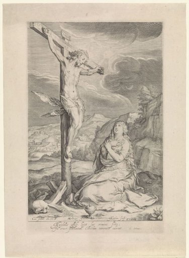Mary Magdalene kneeling at the foot of the cross