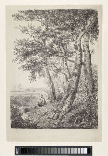 Seated figure in a landscape with trees