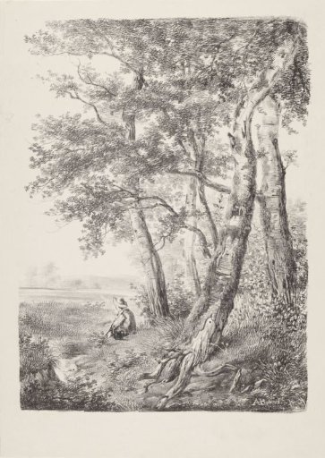 Seated figure in a landscape with trees