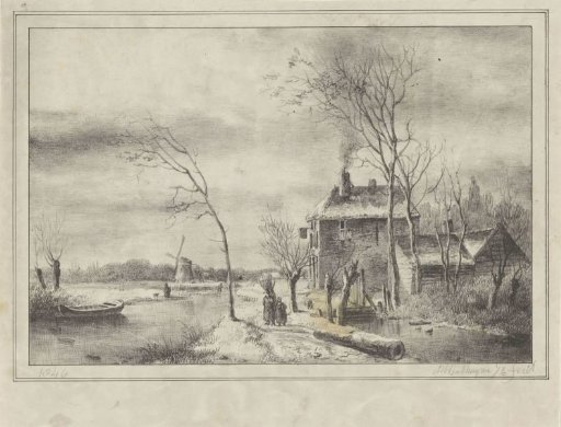 Winter landscape with house and ditch