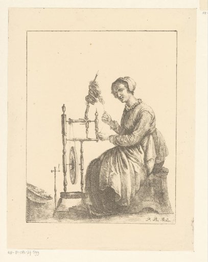 Seated woman at spinning wheel
