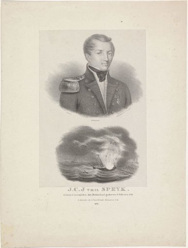 Portrait of Jan van Speyk and the explosion of his ship