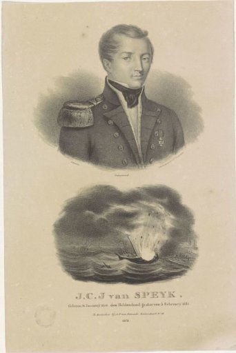 Portrait of Jan van Speyk and the explosion of his ship