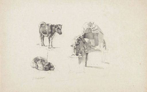 A Calf, Dog and Horse with Cart