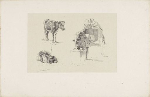 A Calf, Dog and Horse with Cart