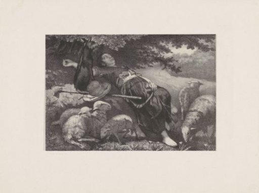 Reclining shepherdess surrounded by sheep